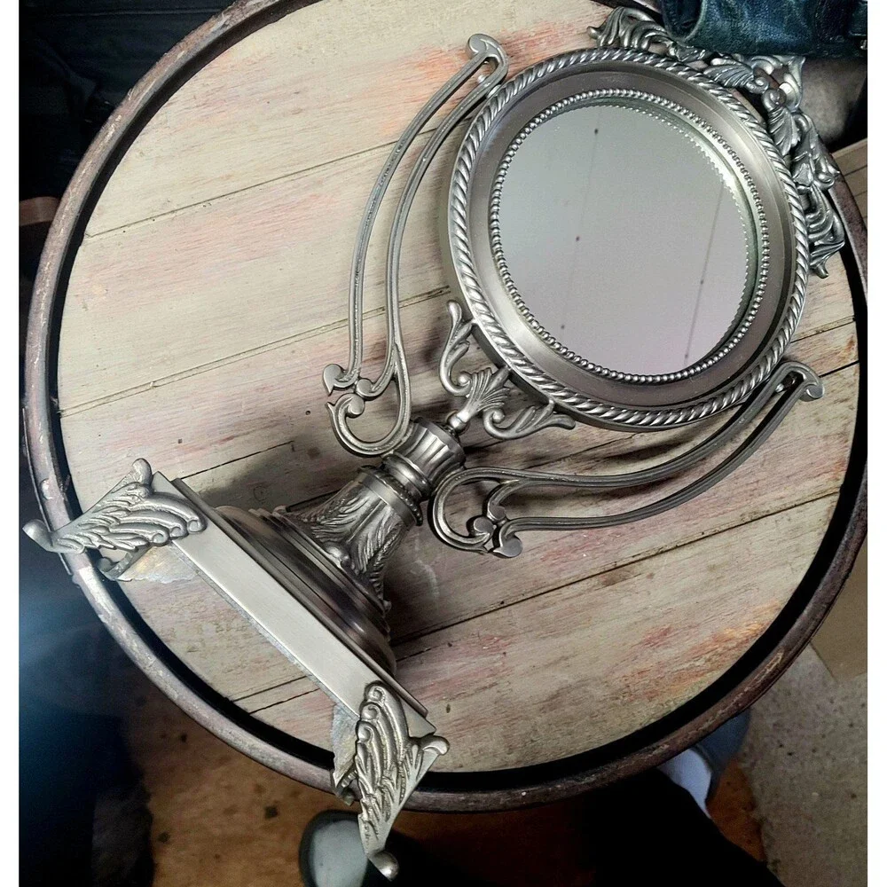 Antique French Brass Table Mirror, Baroque Round Vanity Mirror, Patina